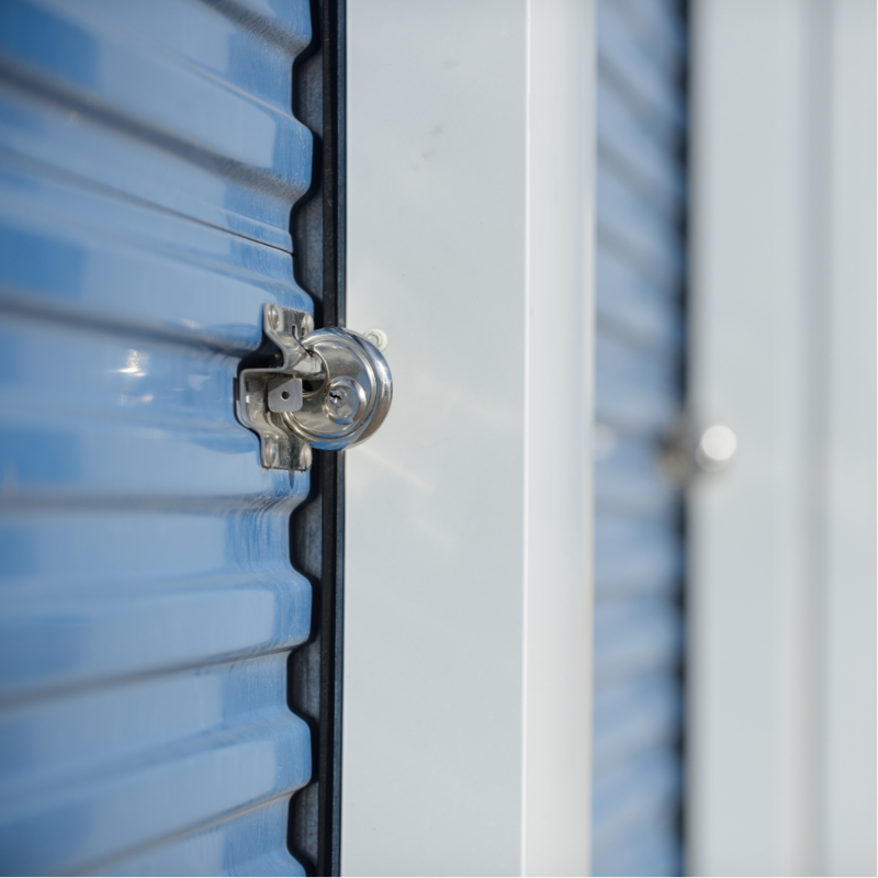 Two locked blue storage units